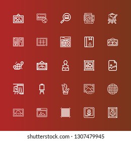 Editable 25 gallery icons for web and mobile. Set of gallery included icons line Picture, Grid, Image, Sculpture, Canvas, Gallery, Image Frame, Album, Easel on red