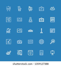 Editable 25 gallery icons for web and mobile. Set of gallery included icons line Canvas, Frame, Photo album, Gallery, Grid, Picture, Album, Monas, British museum on blue background