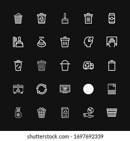 Editable 25 garbage icons for web and mobile. Set of garbage included icons line Bucket, Ecologism, Book recycled, Trash can, Throw, Delete, Recycling, Ecological on black background