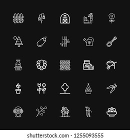 Editable 25 garden icons for web and mobile. Set of garden included icons line Salad, Gardener, Sand, Branch, Flower basket, Shears, Hanging pot, Tree, Flower on black background