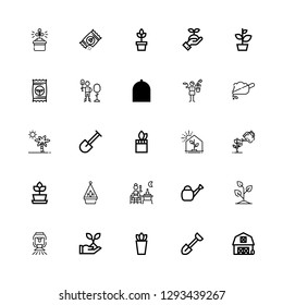 Editable 25 gardening icons for web and mobile. Set of gardening included icons line Barn, Shovel, Plant, Sprinkler, Sprout, Watering can, Terrace, Hanging pot on white background