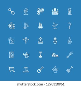Editable 25 gardening icons for web and mobile. Set of gardening included icons line Rake, Flower pot, Shovel, Sand, Wheelbarrow, Garden, Watering can, Seed on blue background
