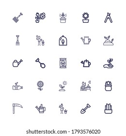 Editable 25 gardening icons for web and mobile. Set of gardening included icons line Plant, Shovel, Gardener, Watering can, Scythe, Terrace, Sprout, Sunflower on white background