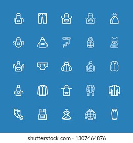 Editable 25 garment icons for web and mobile. Set of garment included icons line Skirt, Jacket, Dress, Apron, Socks, Vest, Underwear, Tie, Jeans on blue background