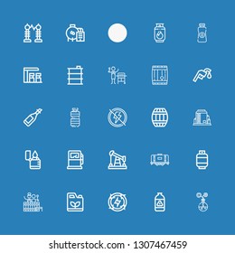 Editable 25 gasoline icons for web and mobile. Set of gasoline included icons line Energy, Gas, Gasoline, Barrel, Tank, Oil, Gas pump, Lighter, Electricity on blue background