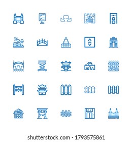 Editable 25 gate icons for web and mobile. Set of gate included icons line Golden gate, Lift, Fence, Torii, Barn, Pagoda, Alcala Bridge, India on white background