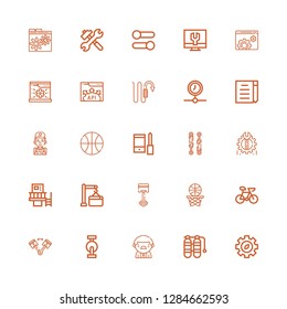 Editable 25 gear icons for web and mobile. Set of gear included icons line Gear, Oxygen tank, Worker, Pedal, Piston, Bike, Basketball, Maintenance, Machine on white background