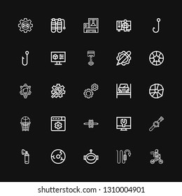 Editable 25 gear icons for web and mobile. Set of gear included icons line Bike, Hook, Aqualung, Wheel, Oxygen, Watch, Settings, Basketball, Repairing, Setting on black background