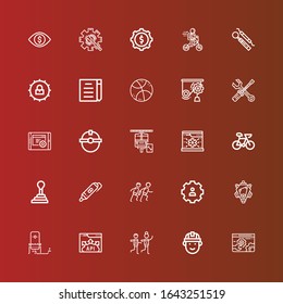 Editable 25 gear icons for web and mobile. Set of gear included icons line Settings, Engineering, Racing, Api, Oxygen, Engine, Race, d printing pen, Gearshift, Bike, System on red