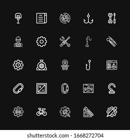 Editable 25 gear icons for web and mobile. Set of gear included icons line Settings, Design tools, Maintenance, Bike, Hook, Api, Carabiner, Exposure, d printing on black background
