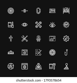 Iconos editables de 25 engranajes para web y móvil. Juego de aparejos incluidos iconos línea de selección GearShift, Configuration, Wheel, Settings, Hook, Edit tools, System, CogWheel, Basketball on black Background