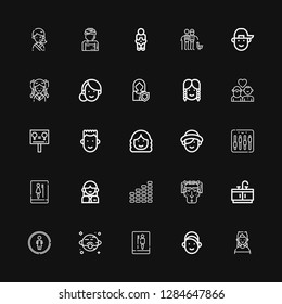 Editable 25 gender icons for web and mobile. Set of gender included icons line Boy, Girl, Toilet, Venus, Restroom, Bathroom, Woman, Equalizer, Equality, Couple on black background