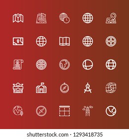 Editable 25 geography icons for web and mobile. Set of geography included icons line Earth, Croatia, Border, Compass, Planet earth, Worldwide, School, World, Earth grid on red