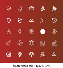 Editable 25 geology icons for web and mobile. Set of geology included icons line World, Mountain, Earth globe, Fossil, Mountains, Geology, Globe, Volcano, Earth on red