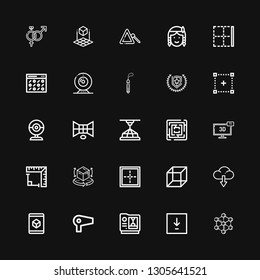 Editable 25 geometric icons for web and mobile. Set of geometric included icons line Molecule, Download, d, Hair dryer, Cube, Border, Angle, Labyrinth, Webcam on black background