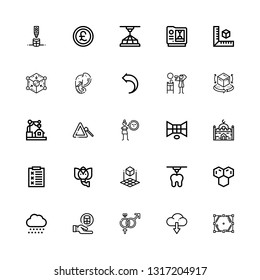 Editable 25 geometric icons for web and mobile. Set of geometric included icons line Polygon, Download, Symbol, Cylinder, Snow, Molecule, d, d cube, Elephant on white background