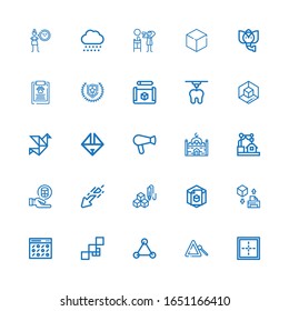 Bearbeitbar 25 geometrische Symbole für Web und Mobile. Satz der geometrischen, enthaltenen Symbole Zeile Grenzen, Dreieck, Moleküle, Mosaic, Muster, d Würfel, d, Download, Zylinder auf weißem Hintergrund