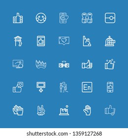 Editable 25 gesture icons for web and mobile. Set of gesture included icons line Like, Hand, Rock, Maloik, Clap, Encore, Proposal, Peace, Thumbs up, Fist, Knuckle on blue background