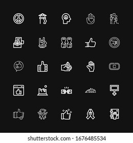 Editable 25 gesture icons for web and mobile. Set of gesture included icons line Oath, Hand, Thumbs up, Hands, Like, Peace, Knuckle, Fist, Rock, Stop, Thumb down on black background