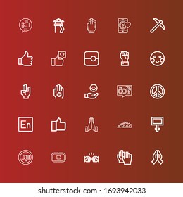 Editable 25 iconos de gestos para web y móvil. Conjunto de gestos incluía iconos línea Mano, aplauso, Puño, Paro, Pulgar hacia abajo, Paz, Manos, Como, Encore, signo de paz, Propuesta en rojo