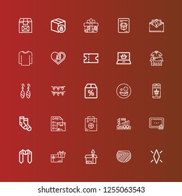 Editable 25 gift icons for web and mobile. Set of gift included icons line Diamond, Pottery, Package, Gift card, Sash, Certification, Mall, Shopping bag, Wishlist, Socks on red