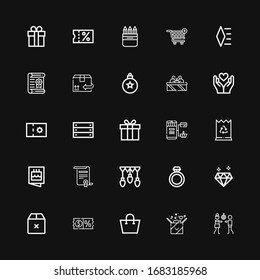 Editable 25 gift icons for web and mobile. Set of gift included icons line Disco, Gift, Shopping bag, Discount, Box, Diamond, Ring, Garlands, Certificate, Invitation on black background