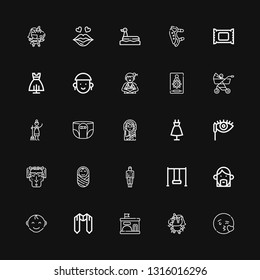 Editable 25 girl icons for web and mobile. Set of girl included icons line Kiss, Unicorn, Kindergarten, Sash, Baby boy, Avatar, Swing, Dress, Baby, Woman, Mascara on black background