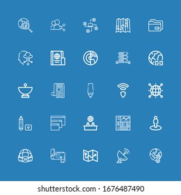 Editable 25 global icons for web and mobile. Set of global included icons line Global warming, Antenna, Map, Sphere, Location, Browser, News, Marker, World on blue background