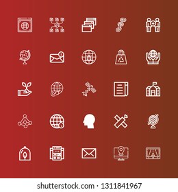 Editable 25 globe icons for web and mobile. Set of globe included icons line Gps, Map, Email, Web site, Plant, Globe, Satellite, Global, Earth grid, Contact, School, Draft on red