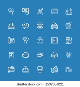 Editable 25 glossy icons for web and mobile. Set of glossy included icons line Video, Fax, Printer, Balloon, Eco fuel, Balloons, Unprotected, Satellite, Add button on blue background