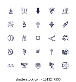 Editable 25 glow icons for web and mobile. Set of glow included icons line Spotlight, Light, Candles, Torch, Sparkler, Inspiration, Full moon, Brightness, Spark on white background