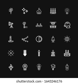 Editable 25 glow icons for web and mobile. Set of glow included icons line Candle, Bulb, Light, Lightbulb, Torch, Brightness, Full moon, Candles, Shines, Sparkler on black background