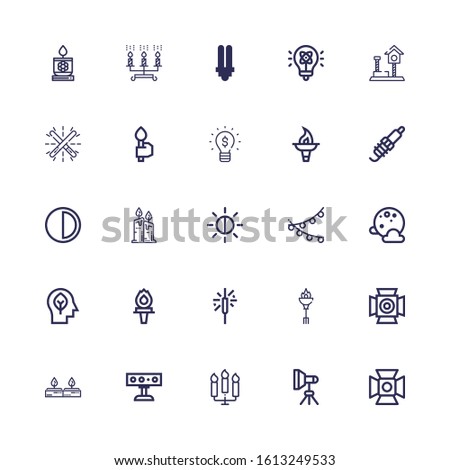 Editable 25 glow icons for web and mobile. Set of glow included icons line Spotlight, Light, Candles, Torch, Sparkler, Inspiration, Full moon, Brightness, Spark on white background
