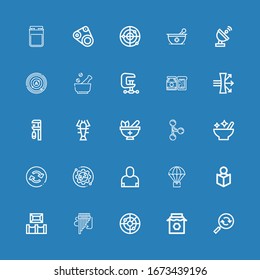 Editable 25 glyph icons for web and mobile. Set of glyph included icons line Reload, Jam, Radar, Panpipe, Museum, Read, Parachute, Salesman, Setup, Mortar, Merge on blue background