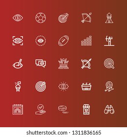 Editable 25 goal icons for web and mobile. Set of goal included icons line Vision, Market, Puck, Success, Pride, Archery, Football, Target, Goal, Rugby ball, Equalizer on red