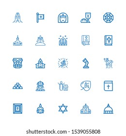Editable 25 god icons for web and mobile. Set of god included icons line Vatican, Church, Judaism, Buddha, Bible, Om, Priest, Sphinx, Ingots, Idol, Pharaoh on white background