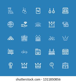Editable 25 golden icons for web and mobile. Set of golden included icons line Treasure, Dodge, Crown, Prize, Chest, Golden gate, Gasoline, Gold, Jewelry, Ingots on blue background