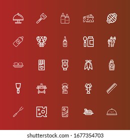 Editable 25 iconos gourmet para web y móvil. Conjunto de íconos gourmet incluidos Tray, Spaghetti, Chocolate, Queso, Horquilla de barbacoa, Bogavante, Chef, Grill, Spatula, Tuber en rojo