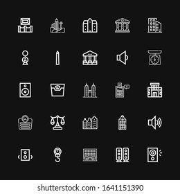 Editable 25 government icons for web and mobile. Set of government included icons line Speaker, Building, Scale, Speakers, Tax, Courthouse, National mall, Buildings on black background