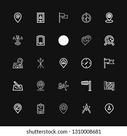 Editable 25 gps icons for web and mobile. Set of gps included icons line Placeholder, Compass, Gps, Wind sign, Coordination, Location, Route, Flag, Cardinal points on black background
