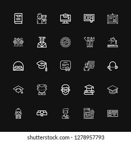 Editable 25 graduate icons for web and mobile. Set of graduate included icons line Diploma, Student, Mortarboard, Education, Lesson, Cap, Study, Graduation on black background