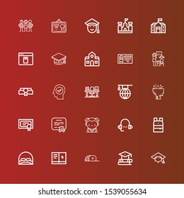 Editable 25 graduation icons for web and mobile. Set of graduation included icons line Mortarboard, Education, Cap, Learning, Backpack, Lesson, Student, Diploma, Study on red
