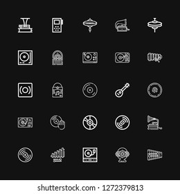 Editable 25 gramophone icons for web and mobile. Set of gramophone included icons line Xylophone, Flower basket, Turntable, Record, Gramophone, Vinyl, Cymbal on black background