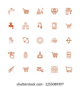 Editable 25 graphics icons for web and mobile. Set of graphics included icons line Shopping cart, No photo, Tap, Keytar, Gameboy, Holder, Pineapple, Bow, Iceberg on white background