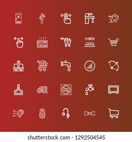 Editable 25 graphics icons for web and mobile. Set of graphics included icons line Shopping cart, Bow, Faucet, Pineapple, Ear, Big screen, Tap, No photo, Casino chip, Holder on red