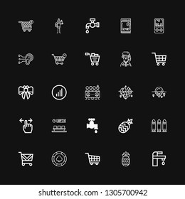 Editable 25 graphics icons for web and mobile. Set of graphics included icons line Tap, Pineapple, Shopping cart, Casino chip, Bullets, Faucet, Waiting room on black background