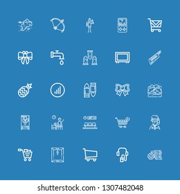Editable 25 graphics icons for web and mobile. Set of graphics included icons line Casino chip, Audio guide, Shopping cart, Dossier, Park ranger, Waiting room on blue background