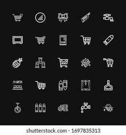 Editable 25 iconos gráficos para web y móvil. Conjunto de gráficos incluidos los iconos línea Iceberg, Tap, ficha del Casino, Balas, Monociclo, Soporte, Dossier, Bullet, Carrito de compra sobre fondo negro