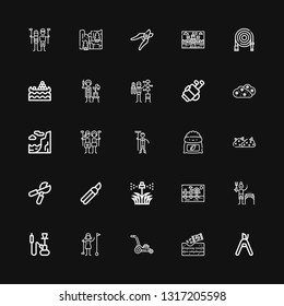 Editable 25 grass icons for web and mobile. Set of grass included icons line Pruning shears, Gardening, Mower, Golfer, Hookah, Gardener, Landscape, Sprinkler on black background