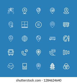 Editable 25 gray icons for web and mobile. Set of gray included icons line Palette, Electric tower, Placeholder, Audio player, Problem, Fade buttons, Phone call on blue background